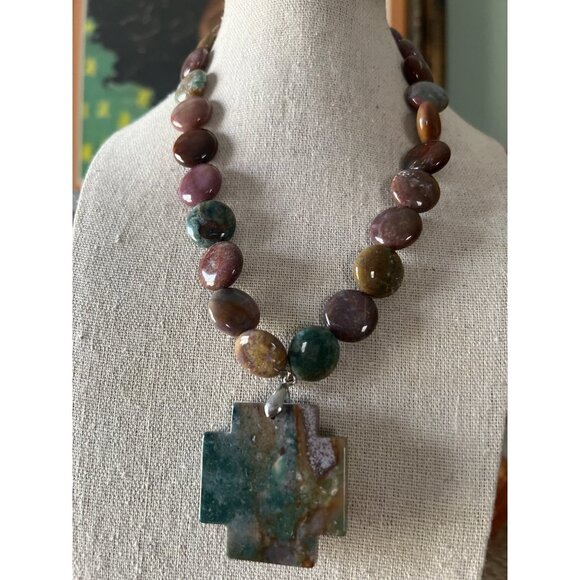 Jasper Cross Pendant Necklace -- 18\